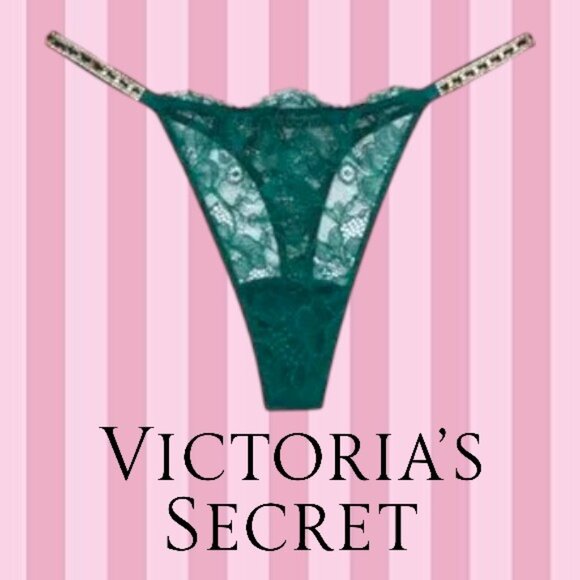 NWOT Victoria Secret Green Ivy Lace Thong w/Gold Accents Size: XL - Picture 1 of 7